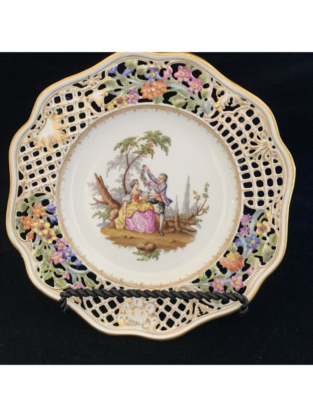 Antique Helena Wolfsohn Dresden Victorian Reticulated Cabinet Plate Watteau 8.5"